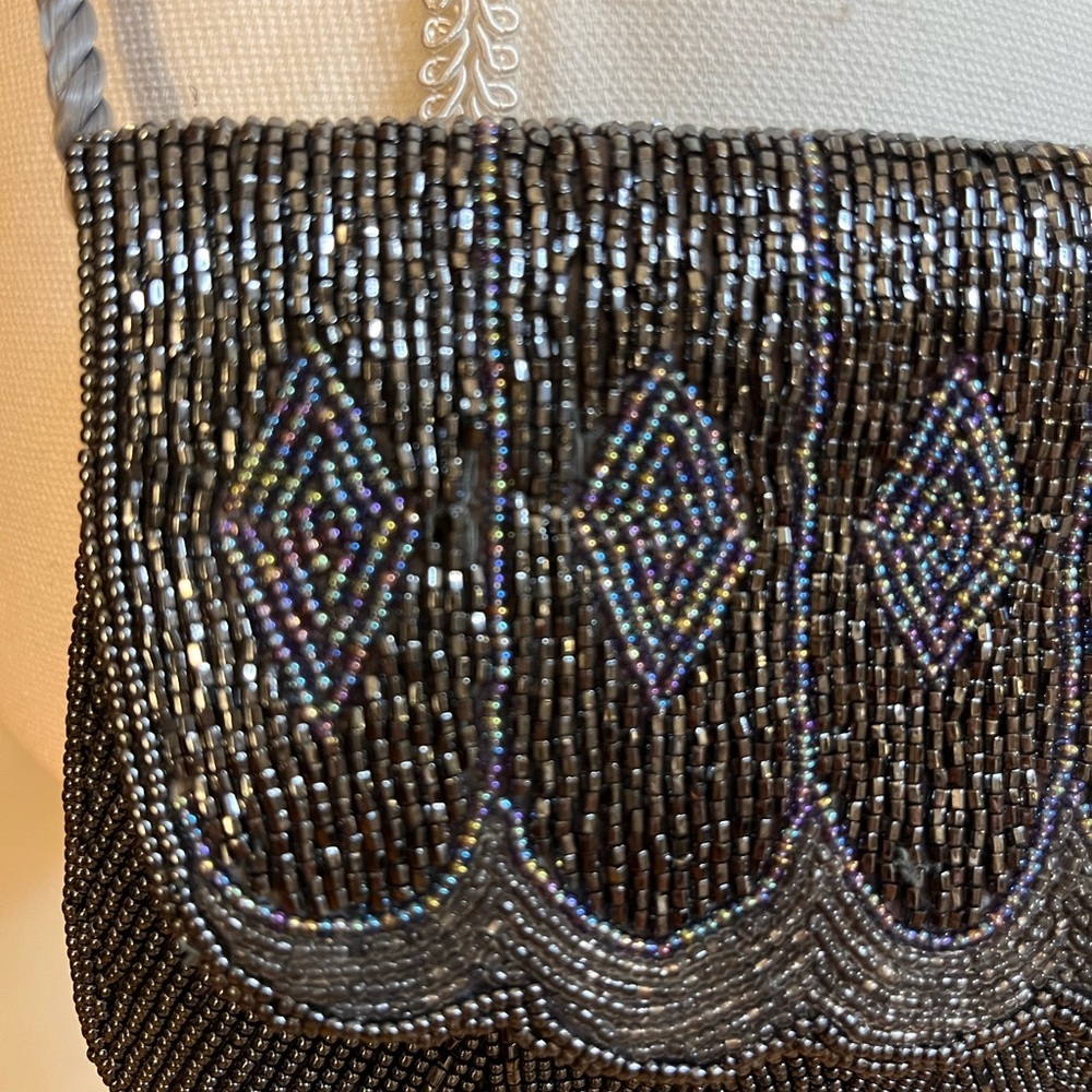 Vintage Beaded Black Silver Evening Purse Double Sided Scallop Flap Flapper Glam - Picture 6 of 8